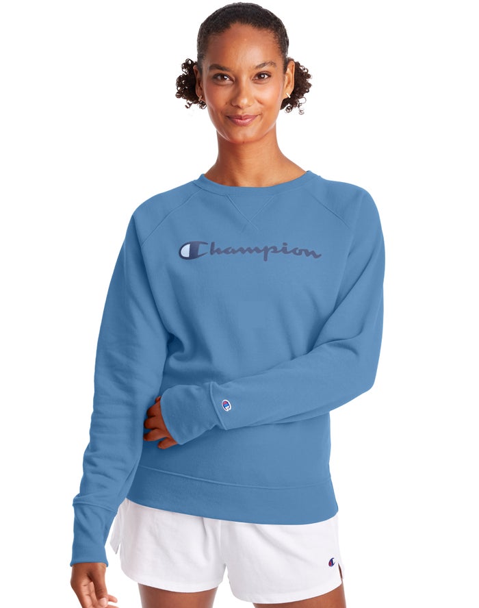 Sudadera Champion Mujer - Powerblend Fleece Classic Crew Script Logo ( Azules ) 0871965-AK